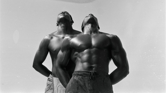 Untitled. [Models Paulo Henrique and Miguel Oliveira]. Salvador, 1994. Black and white photograph/35mm negative. Photo by L&aacute;zaro Roberto. Zumv&iacute; Afro Photographic Archive.