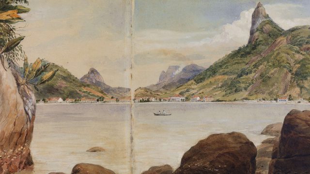 Corcovado visto da Baía de Botafogo, 1825-1826. Aquarela e guache sobre papel de Charles Landseer. Highcliffe Album / Acervo IMS
