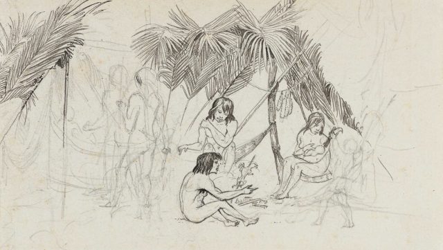 Grupo de índios acampados, Minas Gerais, c.1822-1825. Nanquim e grafite sobre papel de Johann Moritz Rugendas / Coleção Martha e Erico Stickel / Acervo IMS