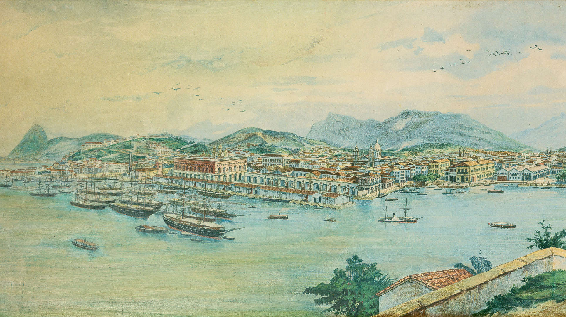 Vista do Rio de Janeiro, c.1883. Enrique Casanova (a partir de fotografia de Georges Leuzinger). Litografia a cores sobre papel. Coleção Martha e Erico Stickel / Acervo IMS
