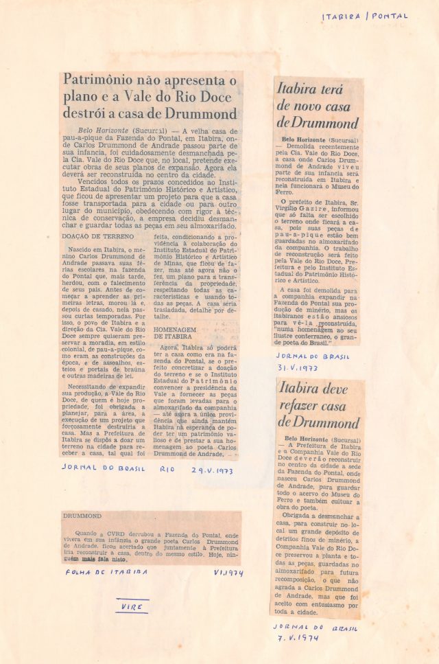 Recortes de jornal anotados sobre o desmonte da casa de Drummond em Itabira. Arquivo Carlos Drummond de Andrade / Acervo IMS