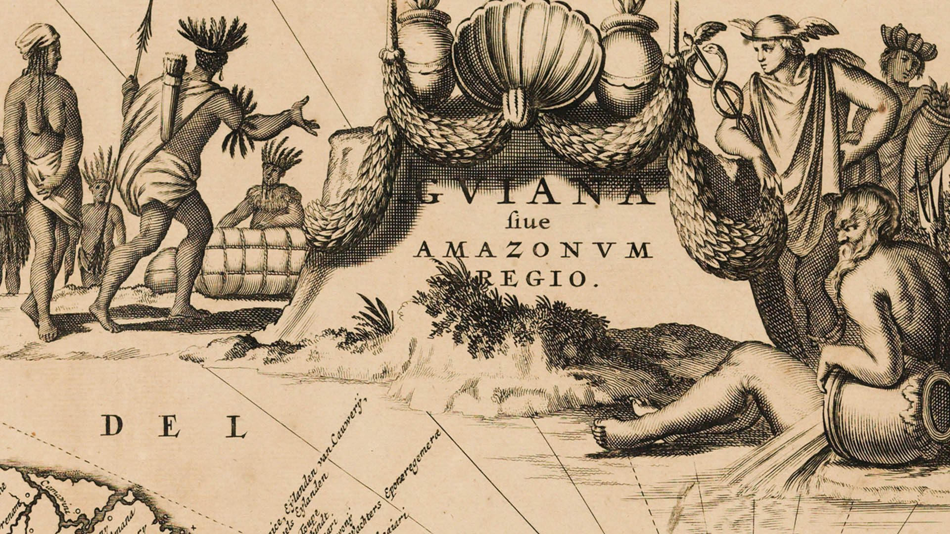 Detalhe de Guiana fiue Amazonum régio, c.1671, de John Ogilby, 1600-1676 (a partir de Arnoldus Montanus, 1625?-1683)
