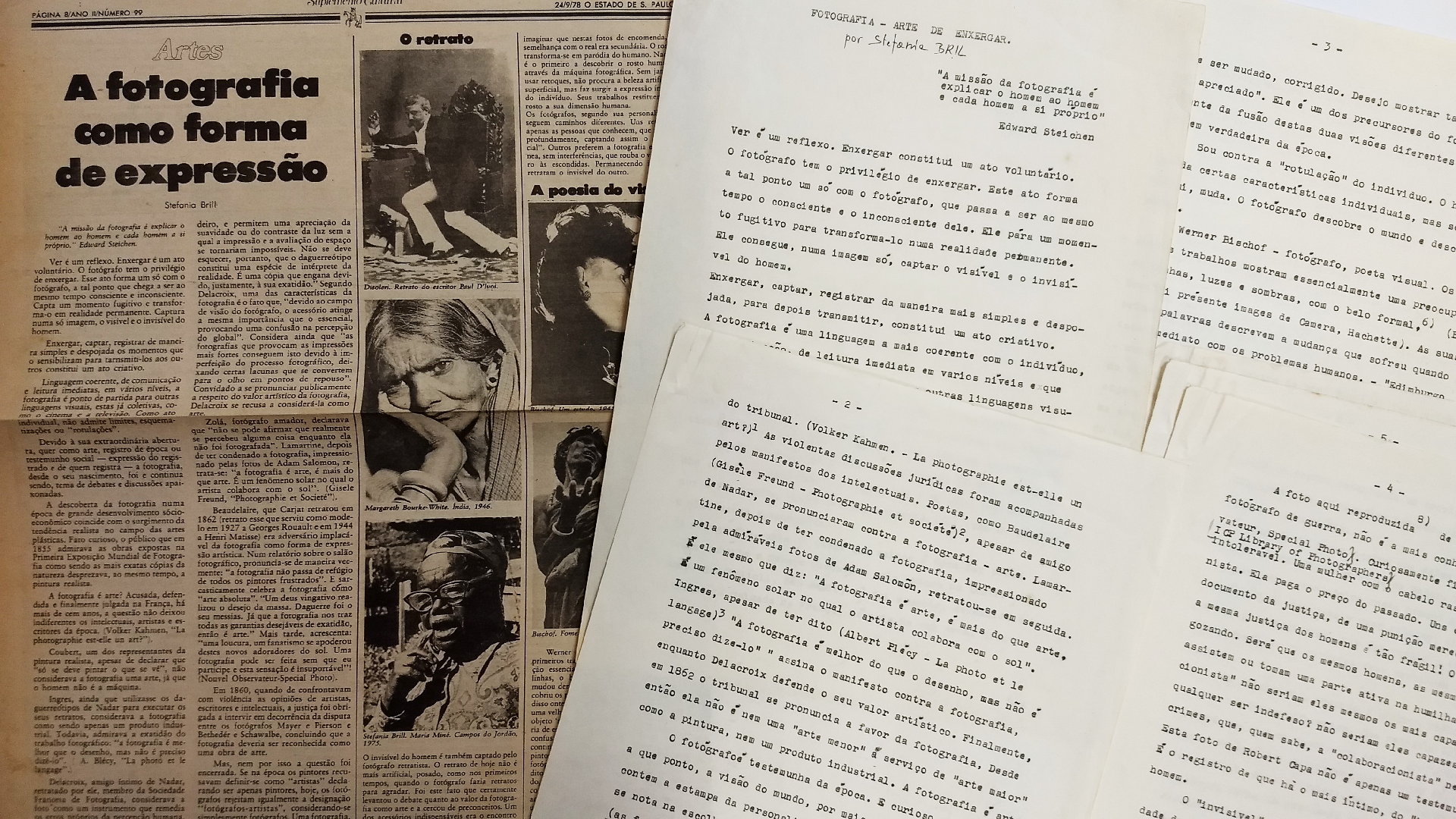 Primeira crítica de Stefania Bril publicada no Estadão e o artigo manuscrito, ainda com título diferente do publicado, 1978 (Arquivo Stefania Bril/Acervo IMS)