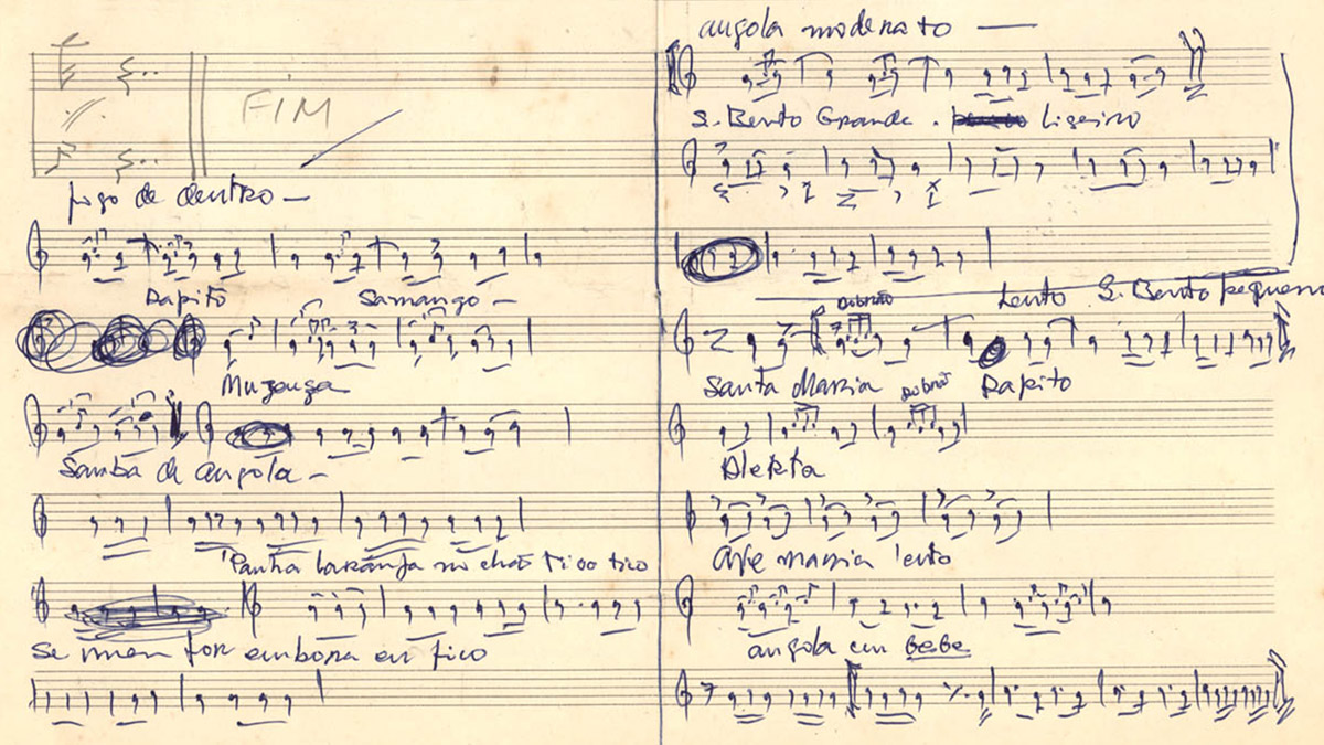 Partitura manuscrita de Baden Powell com notações de berimbau. Acervo Baden Powell/ IMS