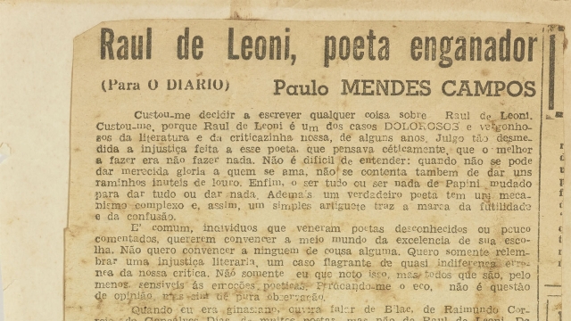 [CORTE]. &quot;Raul de Leoni, poeta enganador&quot;, crônica de estreia de Paulo Mendes Campos na imprensa. Em 1939, O Diário, jornal da Arquidiocese de Belo Horizonte.  Arquivo Paulo Mendes Campos/ IMS