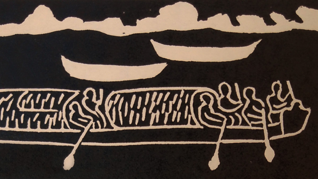 Destaque da obra Querem matar o espírito do rio, Pelotas, 2022-2023. Gravura em Semamby. 21x30 cm. Obra de Jeguakai Charrúa (Pelotas, Rio Grande do Sul, 1997)/Acervo IMS.