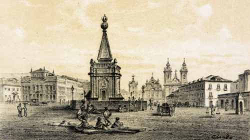 Largo do Paço, Palacio, Capella Imperial e Carmo. 1860. Ilustração de Carlos Linde. Coleção Brasiliana Itaú