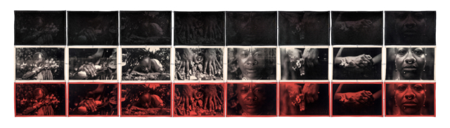 Corpo preta, 2023. Montagem horizontal. 200 x 800 cm. Tinta serigráfica sobre tecido de algodão e ilhós metálicos. Fotografias de Vicente Otávio. Coleção de Arte Contemporânea / Acervo IMS. Obra de muSa michelle mattiuzzi realizada com apoio da Bolsa ZUM/IMS 2023.