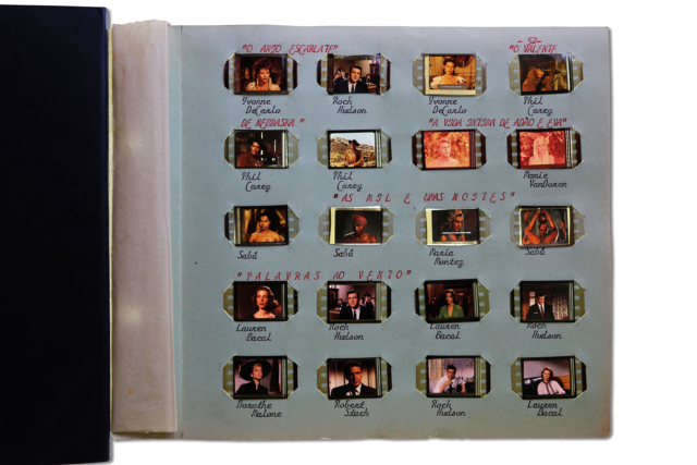 Álbum 2, página 52, Fotogramas de Anjo escarlate (1952), de Sidney Salkow, O valente de Nebraska (1953), de Fred F. Sears, A vida íntima de Adão e Eva (1960), de Mickey Rooney e Albert Zugsmith, As mil e umas noites (1942), de John Rawlins, e Palavras ao vento (1956), de Douglas Sirk. Obra de Eduardo Solon. Coleção de Arte Contemporânea / Acervo IMS