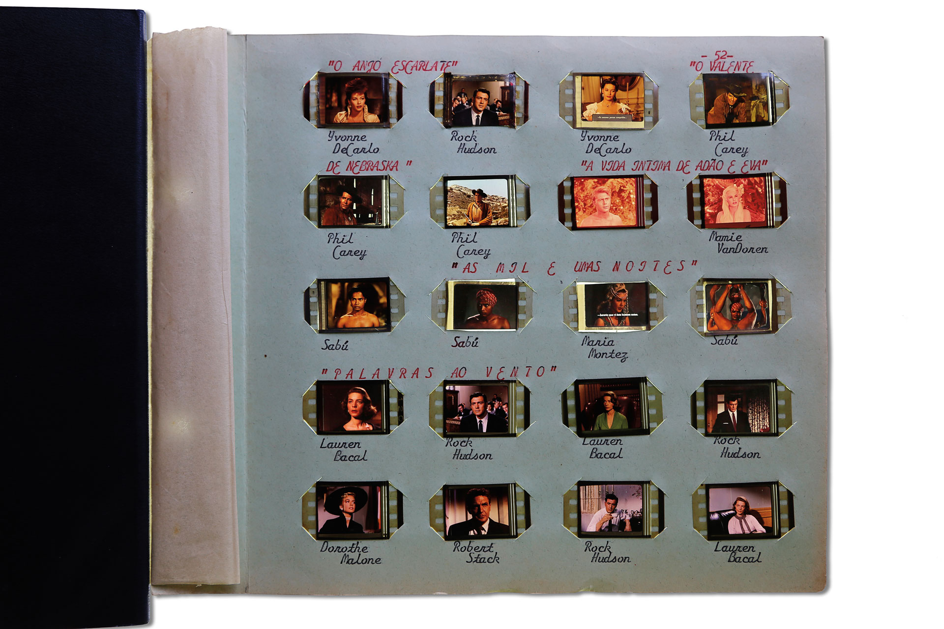 Álbum 2, página 52, Fotogramas de Anjo escarlate (1952), de Sidney Salkow, O valente de Nebraska (1953), de Fred F. Sears, A vida íntima de Adão e Eva (1960), de Mickey Rooney e Albert Zugsmith, As mil e umas noites (1942), de John Rawlins, e Palavras ao vento (1956), de Douglas Sirk. Obra de Eduardo Solon. Coleção de Arte Contemporânea / Acervo IMS