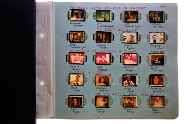 Álbum 2, página 62, Fotogramas de A mais bela mulher do mundo (1955), de Robert Z. Leonard, O vale dos reis (1954), de Robert Pirosh, O homem que vendeu a alma (1955), de Claude Autant-Lara, Minha vontade é a lei (1959), de Edward Dmytryk, e Os covardes não vivem (1952), de Stuart Gilmore. Obra de Eduardo Solon. Coleção de Arte Contemporânea / Acervo IMS