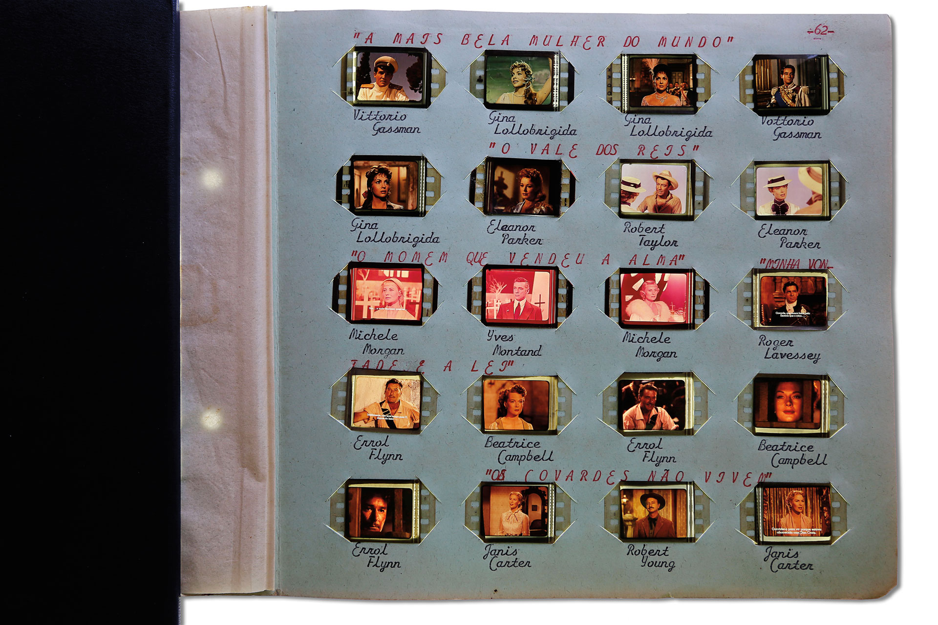 Álbum 2, página 62, Fotogramas de A mais bela mulher do mundo (1955), de Robert Z. Leonard, O vale dos reis (1954), de Robert Pirosh, O homem que vendeu a alma (1955), de Claude Autant-Lara, Minha vontade é a lei (1959), de Edward Dmytryk, e Os covardes não vivem (1952), de Stuart Gilmore. Obra de Eduardo Solon. Coleção de Arte Contemporânea / Acervo IMS