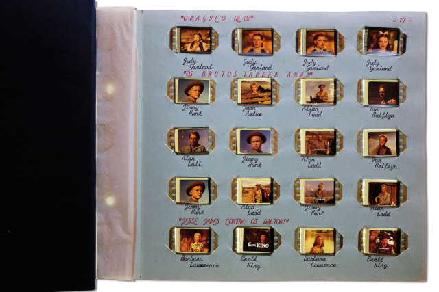 Álbum 1, página 17, Fotogramas de O mágico de Oz (1939), vários diretores, Os brutos também amam (1953), de George Stevens, e Jesse James contra os Daltons (1954), de William Castle. Obra de Eduardo Solon. Coleção de Arte Contemporânea / Acervo IMS