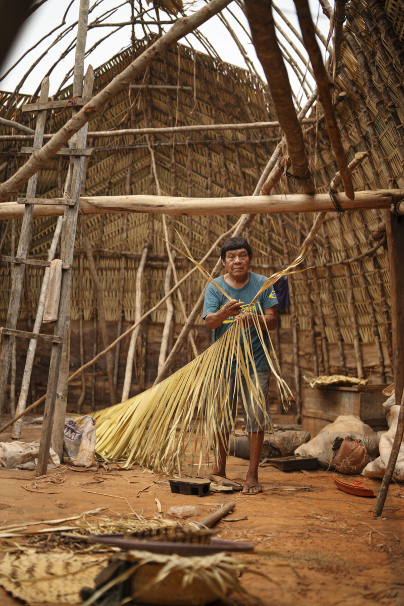 Agamenon Suru&iacute;, Aldeia Lapetanha, 2024 A maloca tradicional de Agamenon ficou muito velha ap&oacute;s 5 anos. Ele ent&atilde;o convidou todos os filhos homens para derrubar a casa velha e construir uma nova maloca no mesmo local. Toda a estrutura da casa &eacute; constru&iacute;da da forma tradicional, usando cip&oacute;s, casca de madeiras, palhas de baba&ccedil;u e outros materiais da floresta. Foto de Coletivo Lakapoy. (Legenda por Coletivo Lakapoy).  Fotografias em pigmento mineral sobre papel de algod&atilde;o impressas em 2025. 66 x 98 cm. Cole&ccedil;&atilde;o de Arte Contempor&acirc;nea / Acervo IMS  