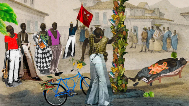 Detalhe de Levantamento do mastro &ndash; Festa do Divino Esp&iacute;rito Santo, colagem digital de G&ecirc; Viana da s&eacute;rie Atualiza&ccedil;&atilde;o traum&aacute;tica de Debret, 2020. Cortesia a artista