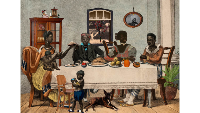 Sentem para jantar, [da s&eacute;rie Atualiza&ccedil;&otilde;es Traum&aacute;ticas de Debret]. S&atilde;o Lu&iacute;s, Maranh&atilde;o, 2021.  Obra de G&ecirc; Viana. Colagem digital, 42x59,4cm. Cole&ccedil;&atilde;o da artista.
