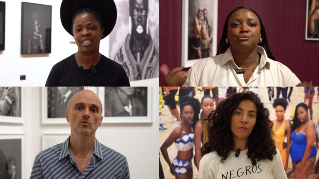 No alto: Zanele Muholi e Ana Paula Vitorio. Na parte inferior: Thyago Nogueira e Daniele Queiroz. Artista e a equipe de curadoria em v&iacute;deo feito para a exposi&ccedil;&atilde;o "Zanele Muholi: Beleza valente" no IMS Paulista